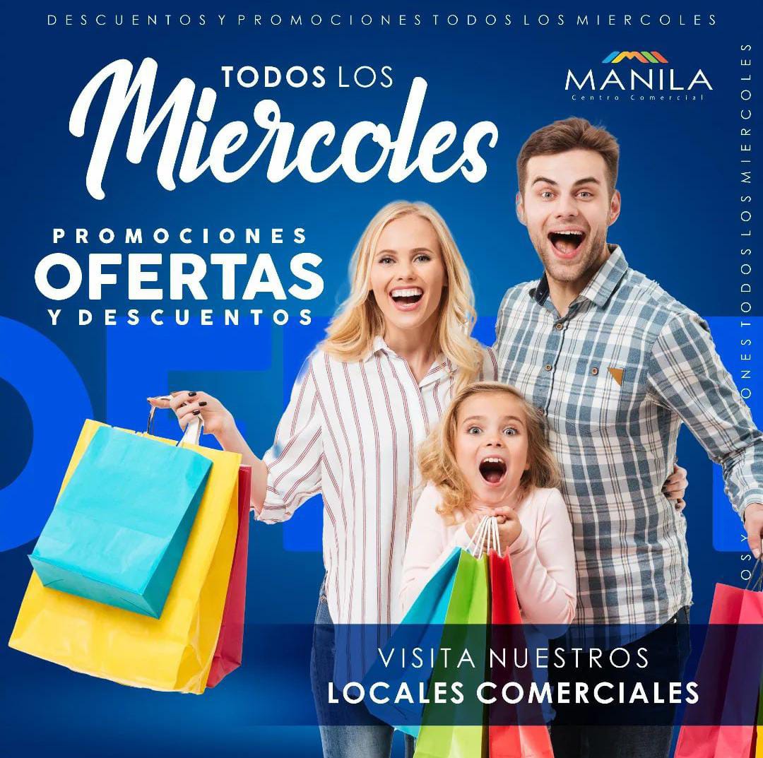 En el centro comercial manila TODOS LOS MIÉRCOLES son de ofertas, descuentos y promociones 🤯 Visítanos y disfruta de lo mejor en ropa 👕👖 calzado 👟 accesorios 🕶 tecnología 💻 salud🩺 viajes ✈️ entretenimiento 🎰🕹 comida y mucho más 🛍 Entre semana también se compra y se compra con los mejores precios en el #CentroComercialManila ¡Tu punto de encuentro! 📍